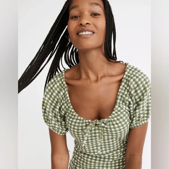 Madewell. Jacquard Puff-Sleeve Mini Dress in Faded Palm Gingham Check. Medium. - Picture 5 of 14